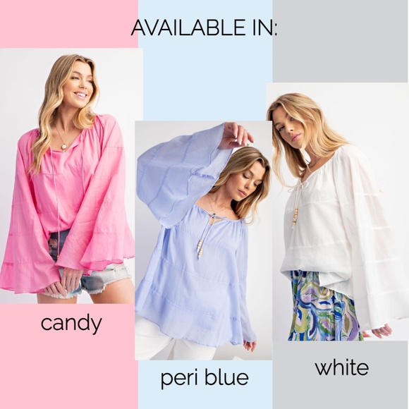 EASEL Lightweight & Flowy Cotton Lined Top Bell Sleeves Keyhole Neck Beaded Ties - Picture 12 of 13